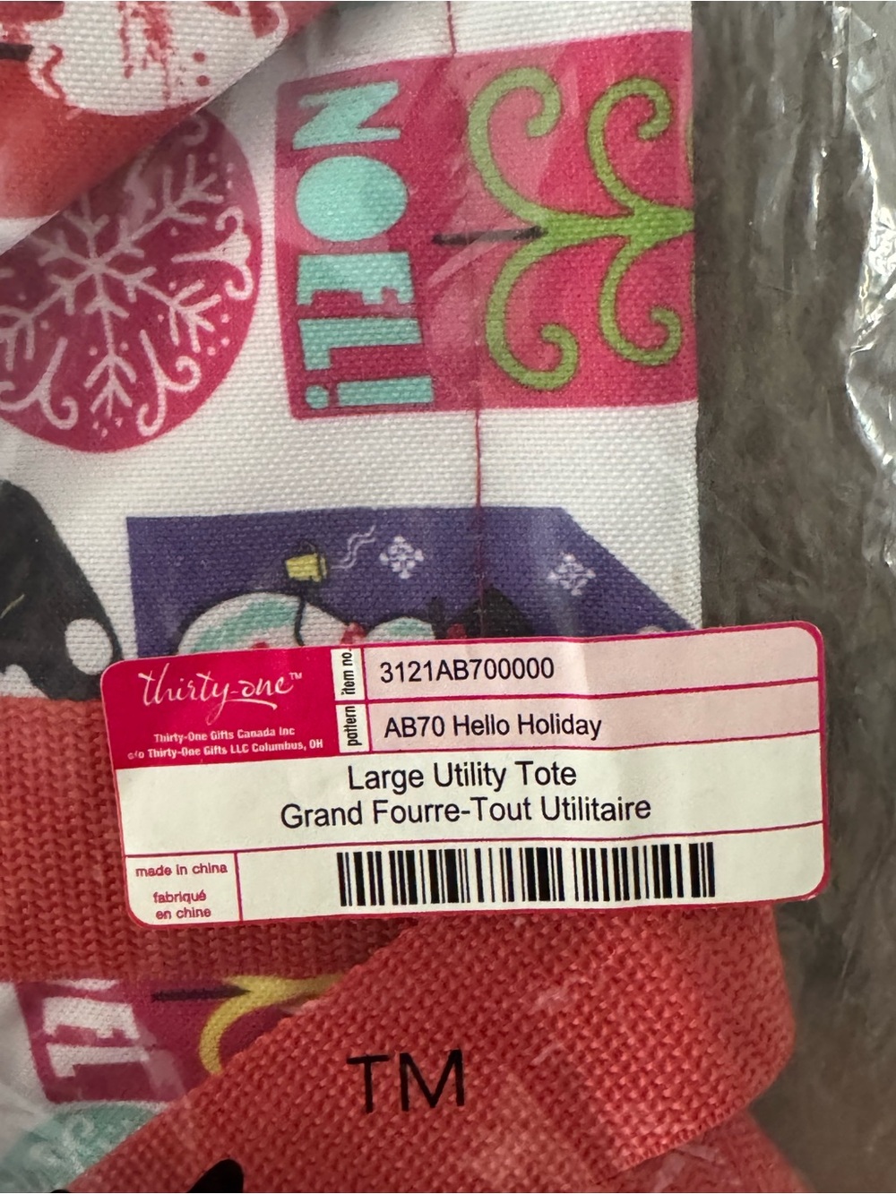 NEW Thirty-One Large Utility Tote Bag Hello Holiday Christmas NIP Retired Print - Picture 3 of 3